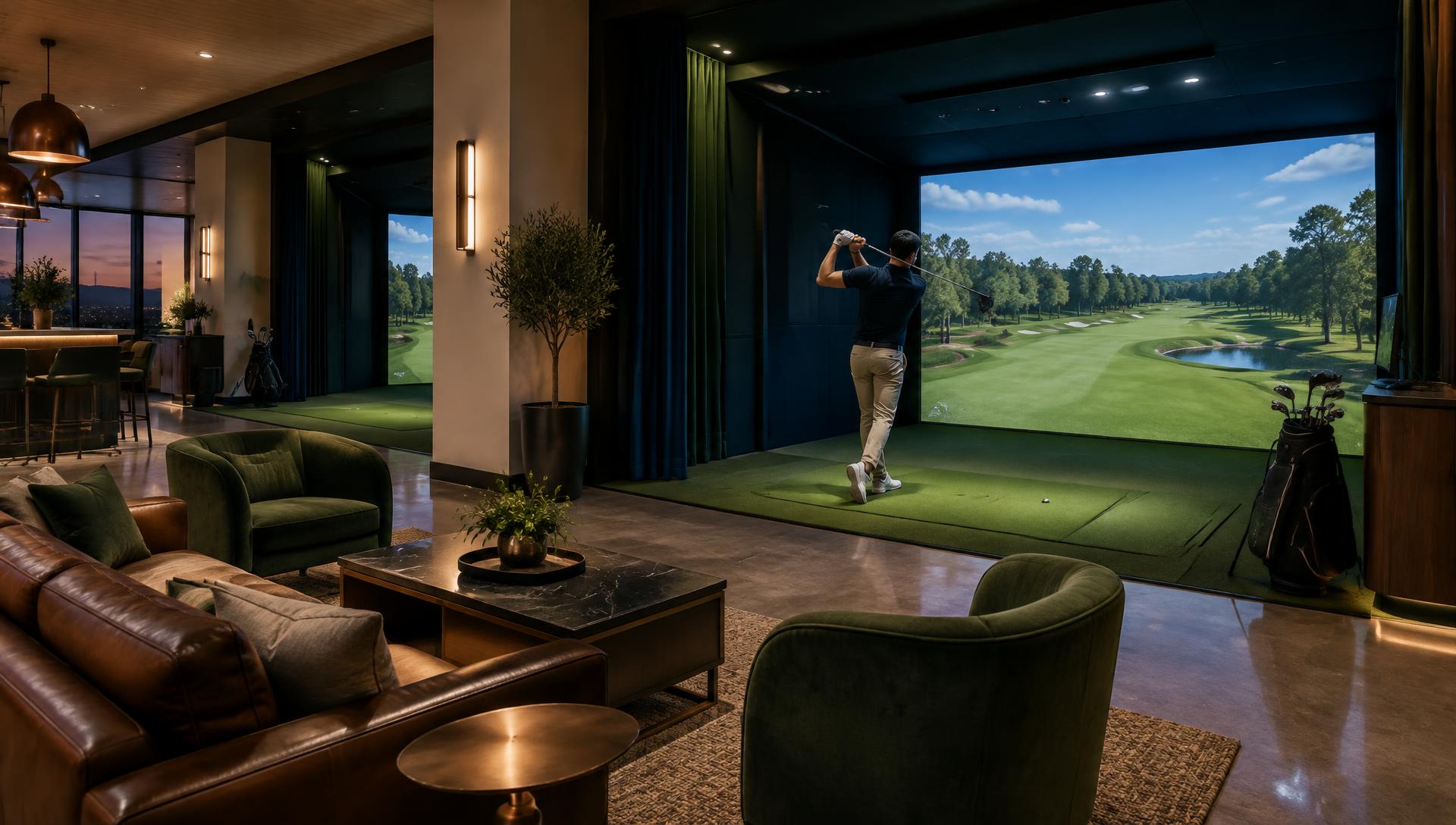 Golfer hitting into a simulator screen inside a premium indoor golf lounge